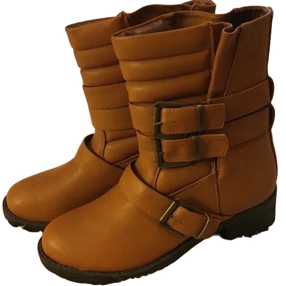 Women’s Camel Moto Boots Buckle Mid Calf Lug Sole Riding Boots Size 7.5 New